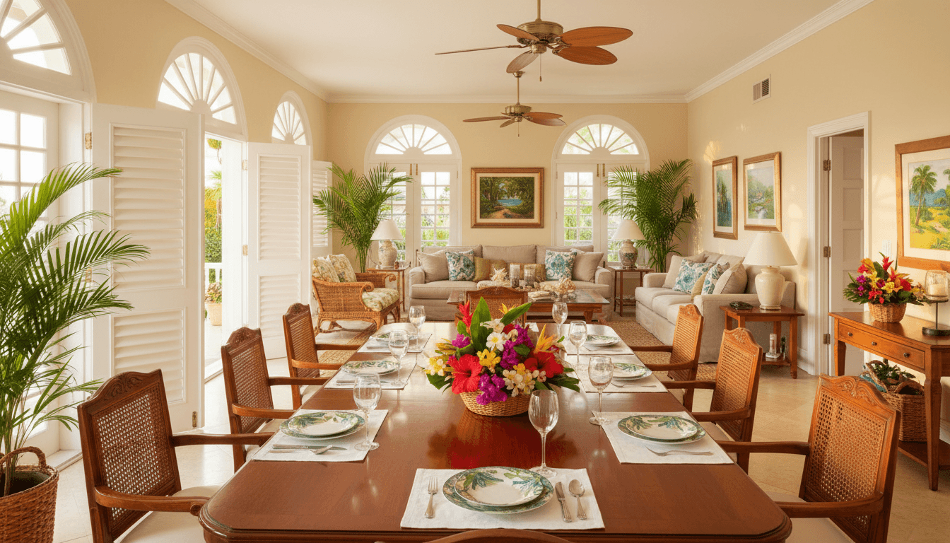 Warm Caribbean family home interior with dining table set for guests