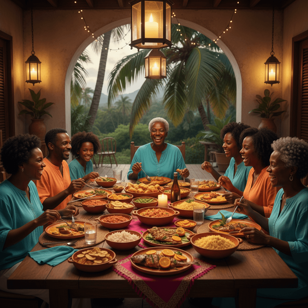 caribbean family home dining table with colorful dishes and warm lighting
