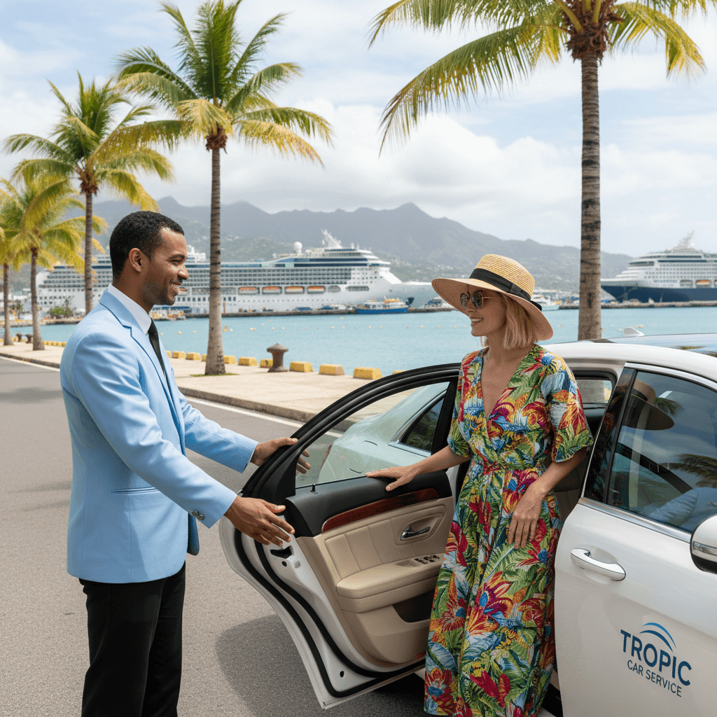 driver opening car door for passenger near tropical port