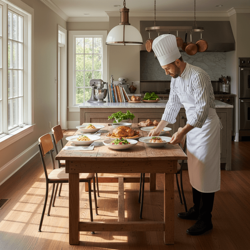 chef placing dishes on dinner table in home kitchen with natural light