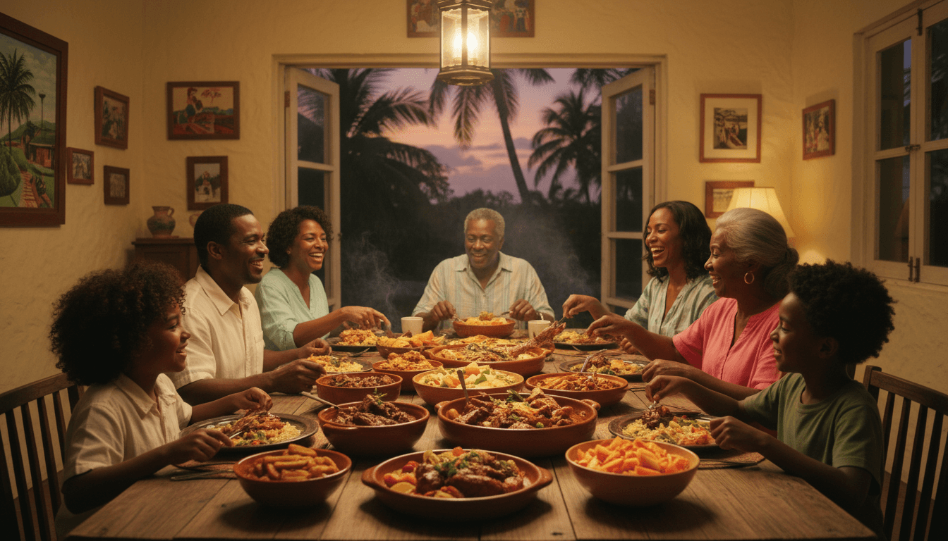Caribbean family sharing home cooked meal at wooden dining table with vibrant dishes warm lighting