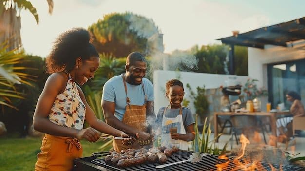 A joyful Black family laughs while grilling sausages on a smoky backyard barbecue grill.