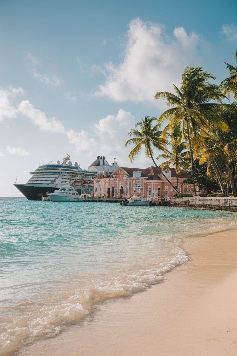 Large cruise ship docked near a pink building and palm trees on a tropical beach.