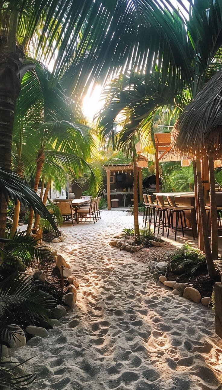 Sandy path through palm trees leading to a tropical outdoor bar in golden sunlight.